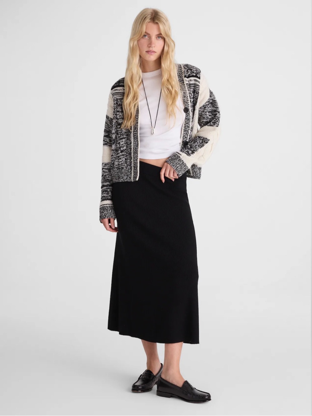 Madewell‎ Ribbed Knit Midi Skirt Stretch Elastic Waist Pull On Black Minimalist